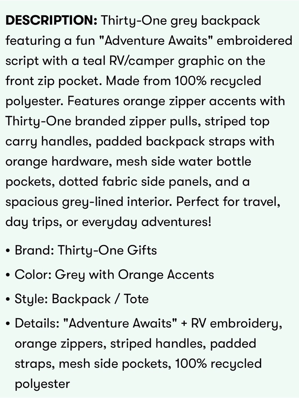 thirty-one Gray and Cream 'Adventure Awaits' Daypack with Teal Accent - Picture 5 of 5